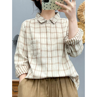 [Hàng có sẵn] Áo sơ mi nữ 100% Cotton chất lượng cao Kẻ sọc dài tay mềm mại thân thiện với da và thoáng khí Áo nhuộm hai mặt dáng rộng đa năng