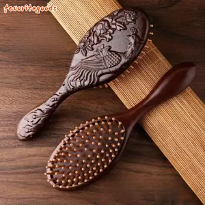 Lược đệm khí FAVORITEGOODS, Lược gỗ đàn hương mịn chạm khắc tay, Bàn chải tạo kiểu hình bầu dục bằng gỗ cầm tay Bàn chải Massage da đầu