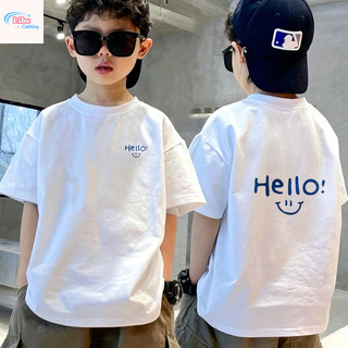Áo thun bé trai ngắn tay in chữ Hello và cười, cotton mềm thoáng khí, thời trang cho bé đi học đi chơi