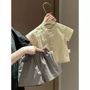 Bé trai Phong cách giản dị Phong cách Hàn Quốc Thời trang mùa hè tay ngắn + Quần Short Bộ đồ hai mảnh hoạt hình