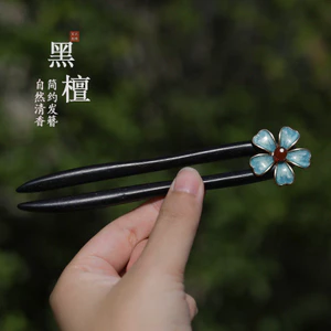 Kẹp tóc phong cách Trung Hoa hoa xanh cổ, cuộn tóc đơn giản, phụ kiện tóc 13cm bằng gỗ