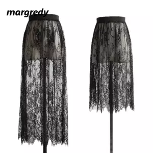 Váy lưới ren gợi cảm MARGREDY, Váy vải tuyn dài 2 chiều dài trong suốt, Thời trang co giãn cạp cao Váy nữ thanh lịch dành cho nữ
