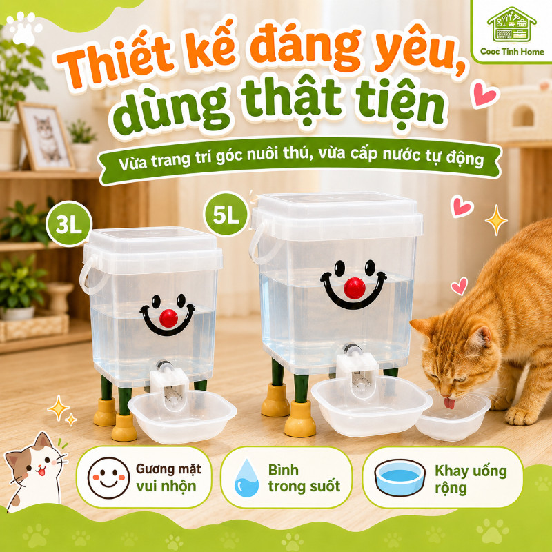 Máy Phun Nước Tự Động 3L/5L Trong Suốt Cho Thú Cưng, Bình Uống Có Bát Cho Chó Mèo Chất Liệu PP Dễ Làm Sạch