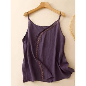 Tím Đẹp Hoa Nhỏ Thêu Vải Lanh Cotton Camisole Văn Học Retro Sang Trọng Không Tay Top Quần Áo Nữ 5.26