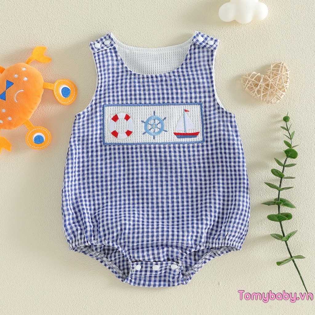 [lpDL] Bộ đồ liền thân thêu cổ tròn không tay cho bé trai