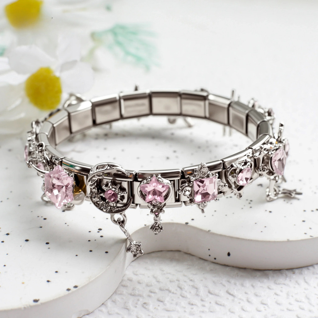 Vòng tay mô-đun Ý bằng thép không gỉ, Vòng tay DIY mặt dây chuyền Zircon màu hồng, Vòng tay quyến rũ Ý