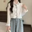 Tất Cả Trận Đấu Sẵn Sàng Thu Đông Phong Cách Mới Thời Trang Tươi Preppy Phong Cách Mèo Dễ Thương Thêu Trắng Dài Tay