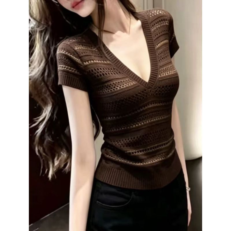 [Khuyến mãi trong thời gian có hạn] Áo thun ngắn tay cổ chữ V cổ chữ V màu cà phê cổ điển cao cấp dành cho nữ mùa hè Phong cách phương Tây hẹp