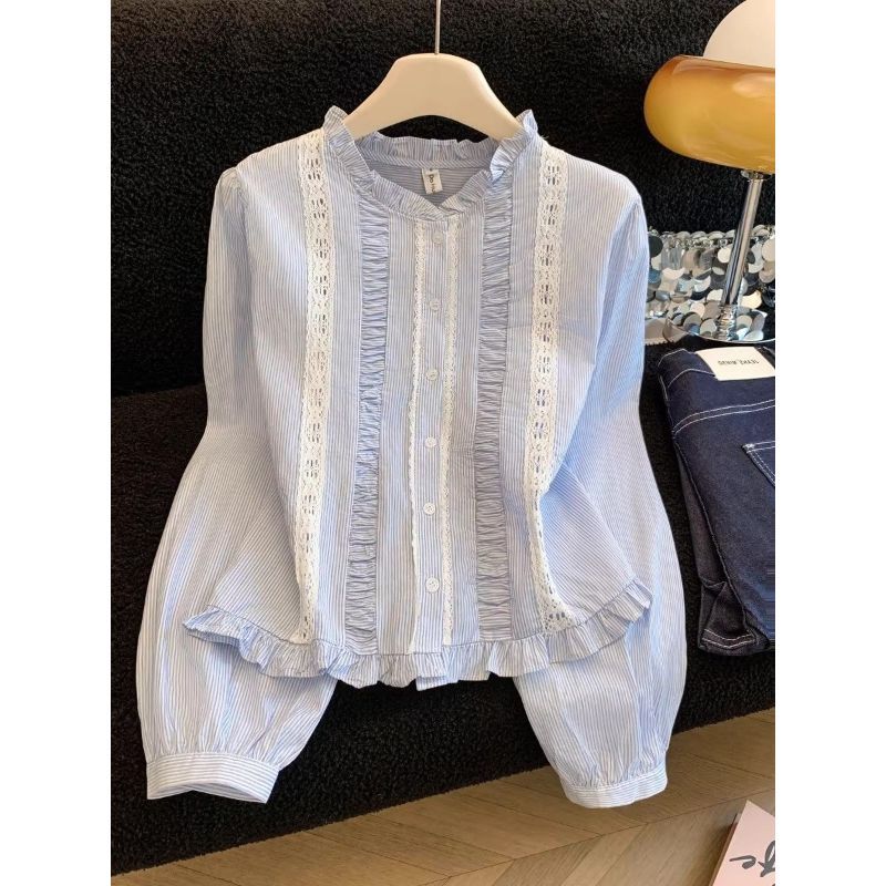 [Hàng mới về] Áo sơ mi dài tay sọc phong cách Preppy ngọt ngào Áo sơ mi dáng rộng giảm tuổi một viền sang trọng