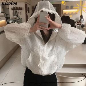 Áo khoác chống nắng NICOLOO, Áo khoác có mũ trùm đầu chấm bi dài tay bong bóng, Áo khoác khô nhanh thoáng khí dáng rộng vừa vặn