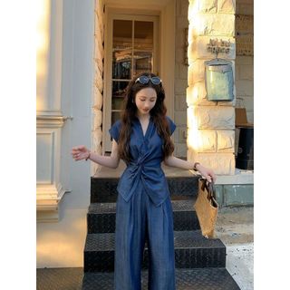 HB - Set Bộ Nữ Giả Denim Xoắn Eo Kèm Quần Dài Ống Suông S144