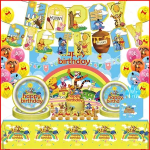 ST2 Winnie the Pooh Chủ đề trẻ em tiệc sinh nhật khăn trải bàn vải nền đĩa ăn tối bóng biểu ngữ trang trí T