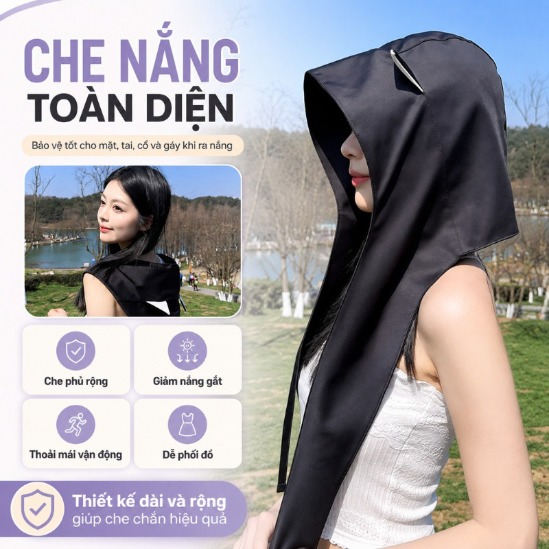 Mũ Chống Nắng Nữ Tai Mèo, Mũ Trùm Đầu Chống Nắng Che Cổ Chống UV, Form Rộng Dễ Thương