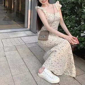 Váy bầu không khí mùa hè mùa hè kiểu Pháp cổ điển Váy dài tay cổ chữ U cổ hẹp dành cho nữ