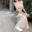 Váy bầu không khí mùa hè mùa hè kiểu Pháp cổ điển Váy dài tay cổ chữ U cổ hẹp dành cho nữ