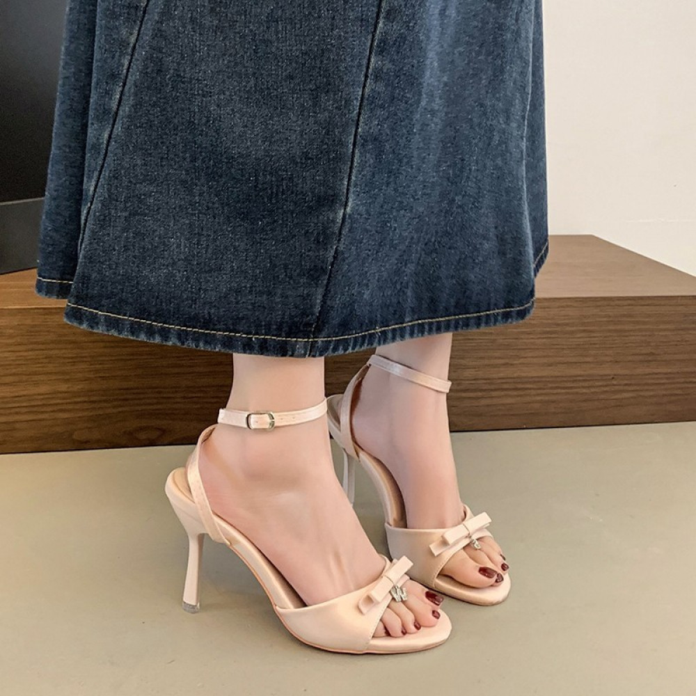 HÀNG CÓ SẴN  COD2026 Mùa Hè Mới Nơ Satin Giày Cao Gót Nữ Gợi Cảm Kim Cương Giả Chữ Stiletto Mở Mũi Sandal Màu Hồng