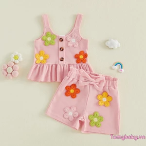 Trang phục mùa hè cho bé gái Móc áo không tay viền xù anh đào + quần short có thắt lưng