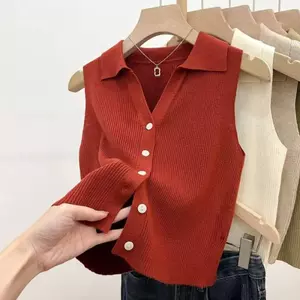 Áo vest không tay dệt kim cổ áo polo Slim-fit Đơn giản mỏng hơn Nhìn ngắn Áo vest phù hợp