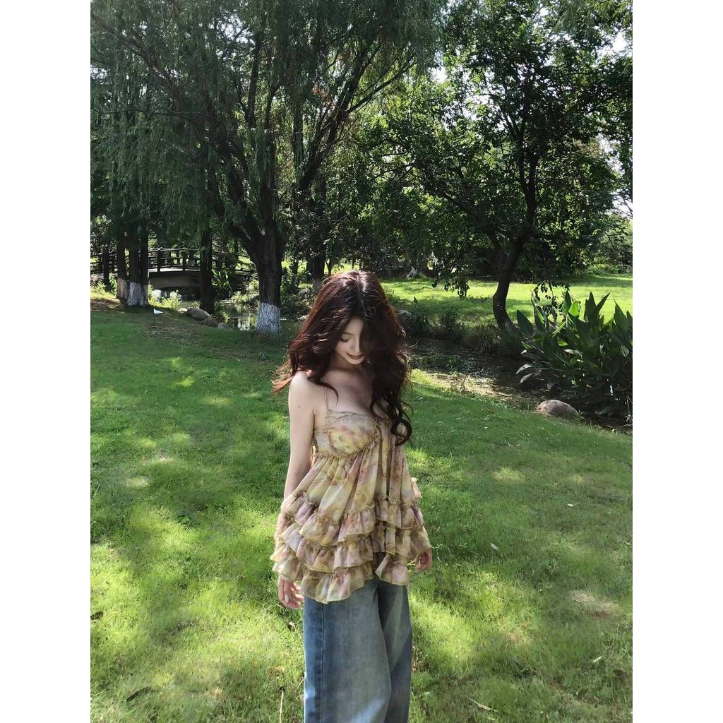 Milyfashion Nhiều Lớp Xù Cổ Chữ V Thiết Kế Mùa Hè Niche Hot Girl Voan Top YE7G