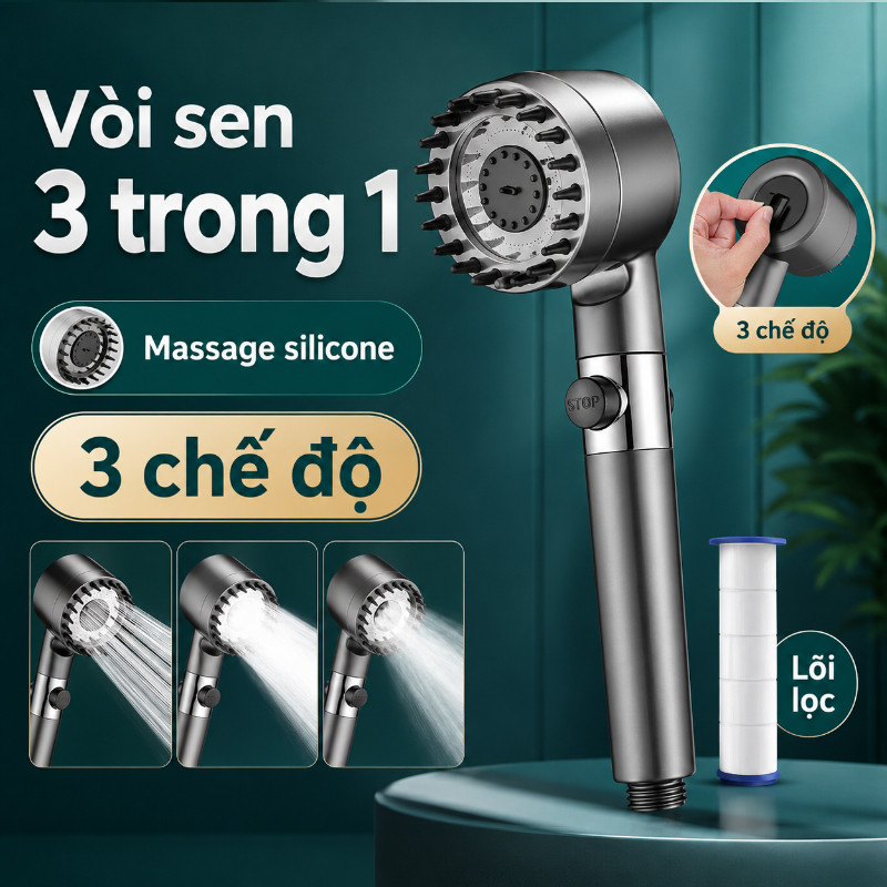 Vòi sen tăng áp ba chế độ áp suất cao,tích hợp bàn chải massage cơ thể,Chức năng cài đặt nâng cao 3 trong 1