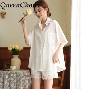 Nữ Ice Silk Tay Ngắn Váy Ngủ Bộ Đồ Ngủ Nữ Phong Cách BF Homewear Trắng Đồ Ngủ