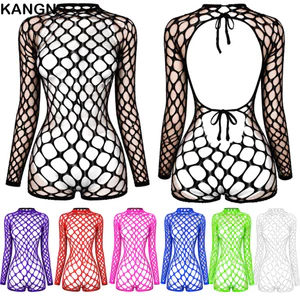 KANGN Fishnet Đồ bơi che đậy, Áo liền quần rỗng màu trơn phong cách không lưng, Áo liền quần dài tay thời trang gợi cảm xuyên thấu đồ đi biển Tiệc hồ bơi