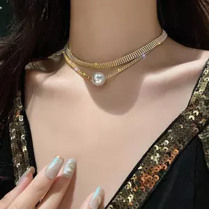 Hai Lớp Xếp Chồng Vòng Cổ Ngọc Trai Lớn Full Kim Cương Xương Đòn Dây Chuyền Vòng Cổ Hàn Quốc Sang Trọng Nữ Hợp Thời Trang Niche Mặt Dây Chuyền 6.11