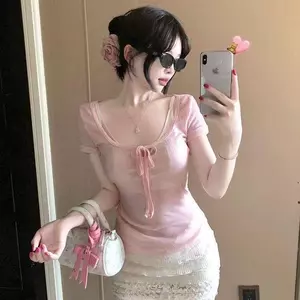 Pure Desire Pink Slim-fit Đáy hơi trong suốt mỏng đường viền cổ lớn Áo thun chống nắng ngắn tay Top Women 20