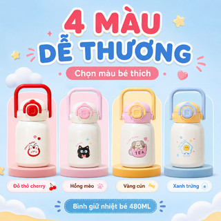 Bình giữ nhiệt bé inox 316 – 480ml, ống hút chống tràn – Nắp kép mở 1 chạm, quai xách – Giữ nóng/lạnh–Bé đi học, đi chơi