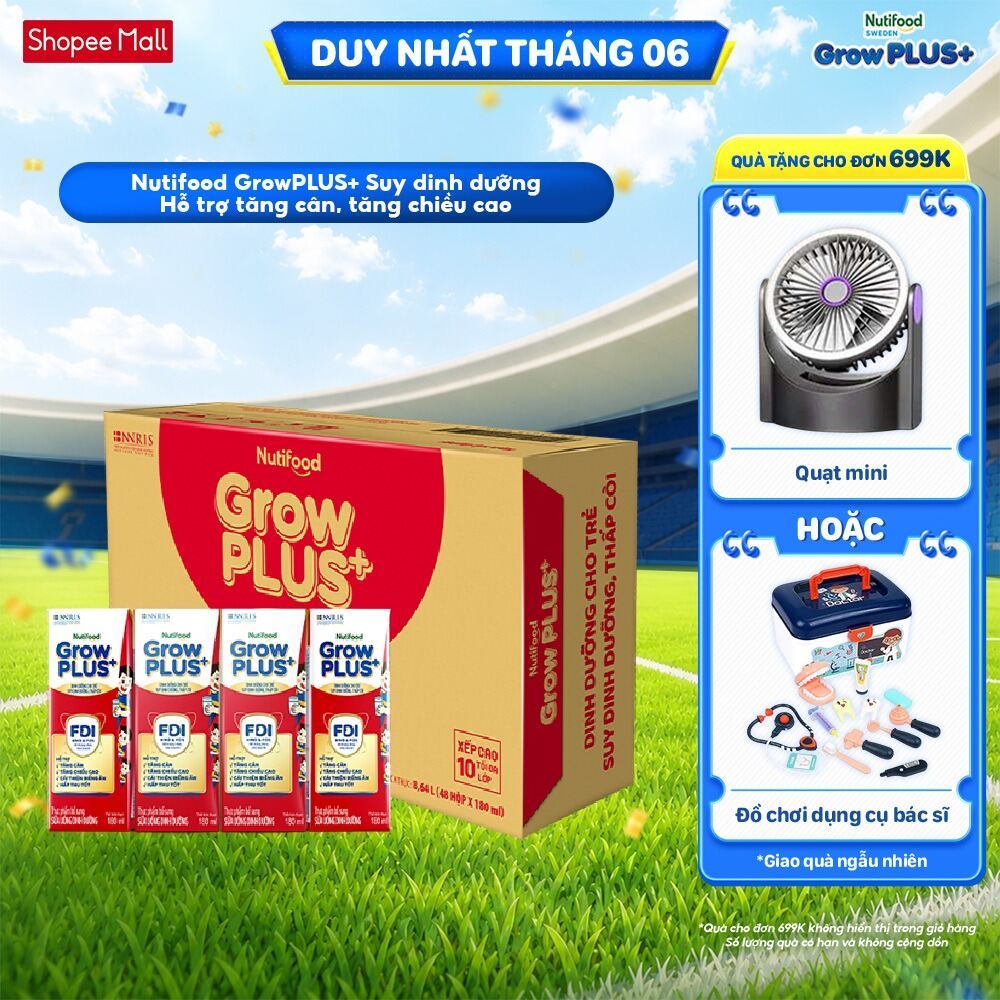 Thùng SBPS Nutifood GrowPLUS+ Đỏ (Suy Dinh Dưỡng) - Tăng Cân, Tăng Chiều Cao (48 Hộp x 180ml) (Bao bì tùy lô hàng)
