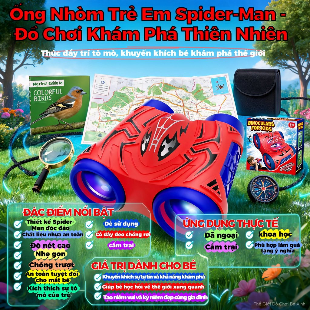 Ống Nhòm Đôi Mini Người Nhện,Ống Nhòm Cho Bé Trai Bé Gái, Thiết Kế Bảo Vệ Mắt,  Khám Phá Thế Giới Xung Quanh