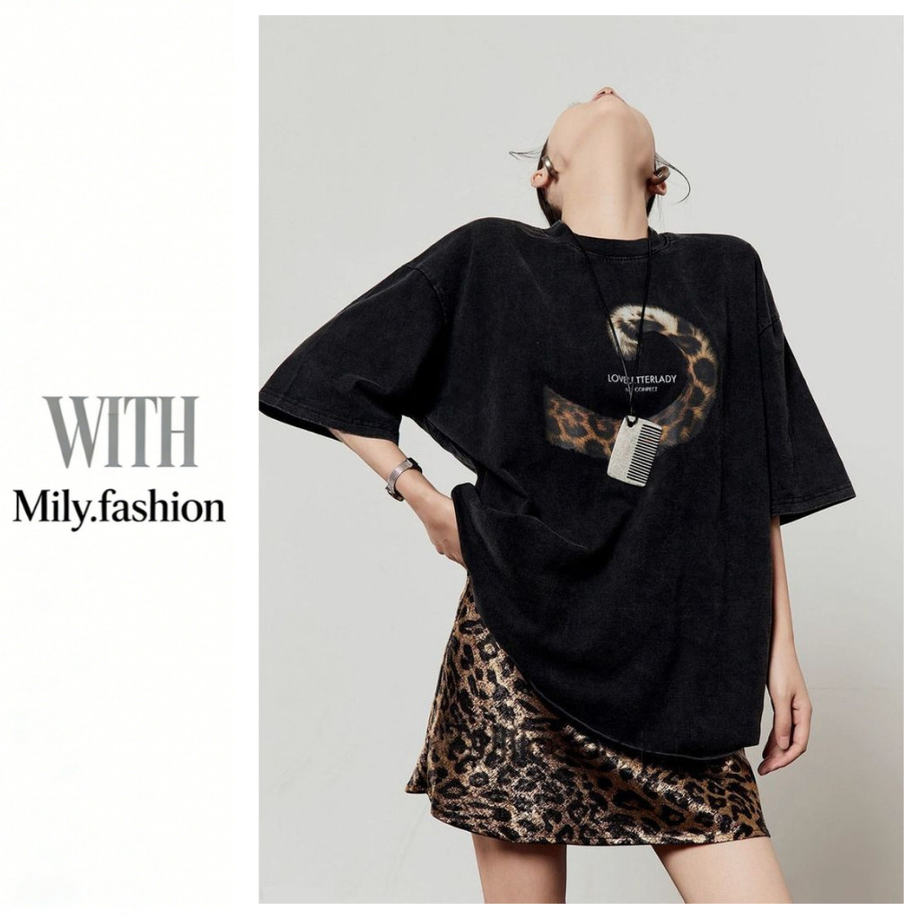 Milyfashion Da Báo In Cổ Tròn Thời Trang Mùa Hè Phong Cách Mới Đen Giữa Tay Áo Thun Thể Thao
