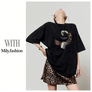 Milyfashion Da Báo In Cổ Tròn Thời Trang Mùa Hè Phong Cách Mới Đen Giữa Tay Áo Thun Thể Thao