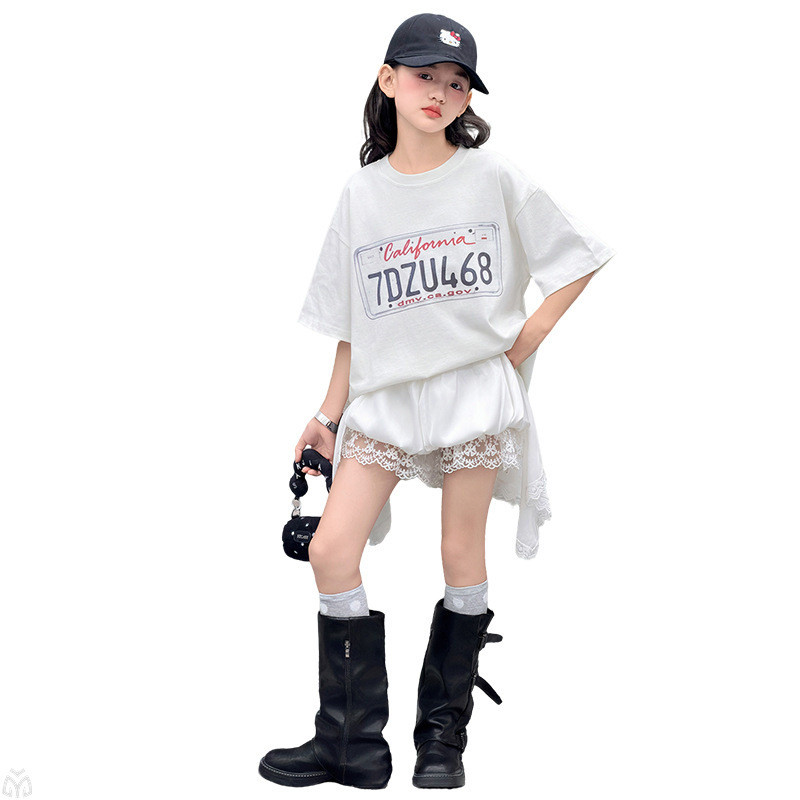 Bé Gái Ren Trắng Khâu Bud Quần Short Mùa Hè Phong Cách Mới Trẻ Em Thời Trang Không Đều Culottes