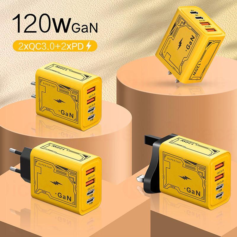 GaN 4-IN-1 2USB + Type C Cắm Sạc Điện Thoại 120W Sạc Siêu Nhanh Sạc Điện Thoại Di Động QC3.0 EU / US / UK Cắm Sạc Cho IOS Android