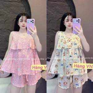 SA.Le KA124- Đồ Bộ Tole Lanh Nữ Mặc Nhà Áo Sát Cánh Tầng Quần Đùi Size 40-80kg Hoạ Tiết Hoa Hình D5