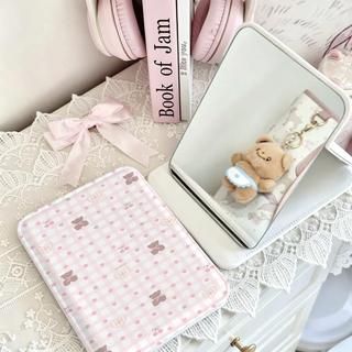 Gương gấp caro hồng gấu, gương trang điểm mini tiện lợi cho nữ