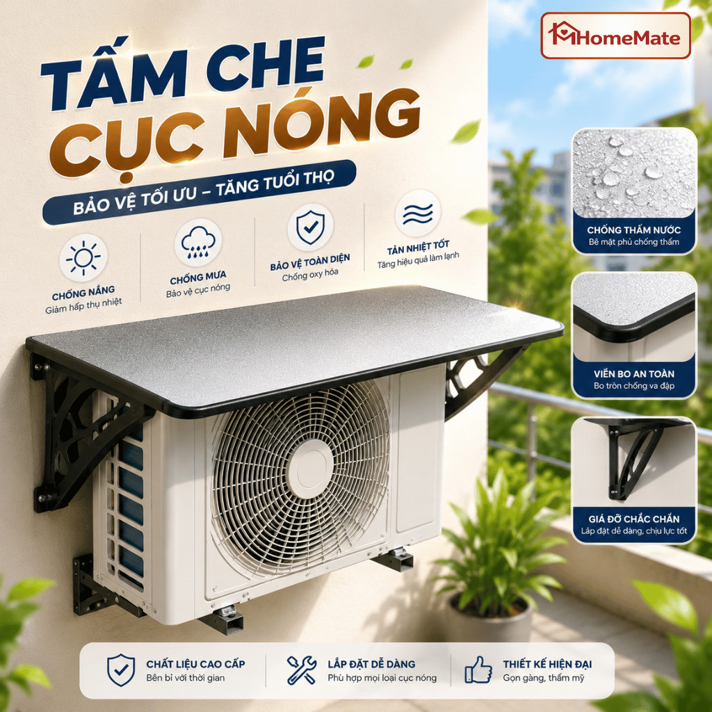 Tấm Che Cục Nóng Máy Lạnh HomeMate Chống Nắng Mưa, Màng Nhôm Cách Nhiệt Chống UV Bảo Vệ Điều Hòa