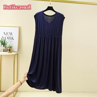 Váy cotton modal mùa hè 2023 không tay cổ chữ V, xếp ly dáng rộng dài vừa phải, trơn, phong cách nữ thường ngày