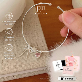 Lắc Tay Bạc Nữ PJN Kiềng Nhỏ Treo Charm nơ thắt,Ngôi Sao Và Trái Tim Hồng Dễ Thương Dành Cho Nàng VT25