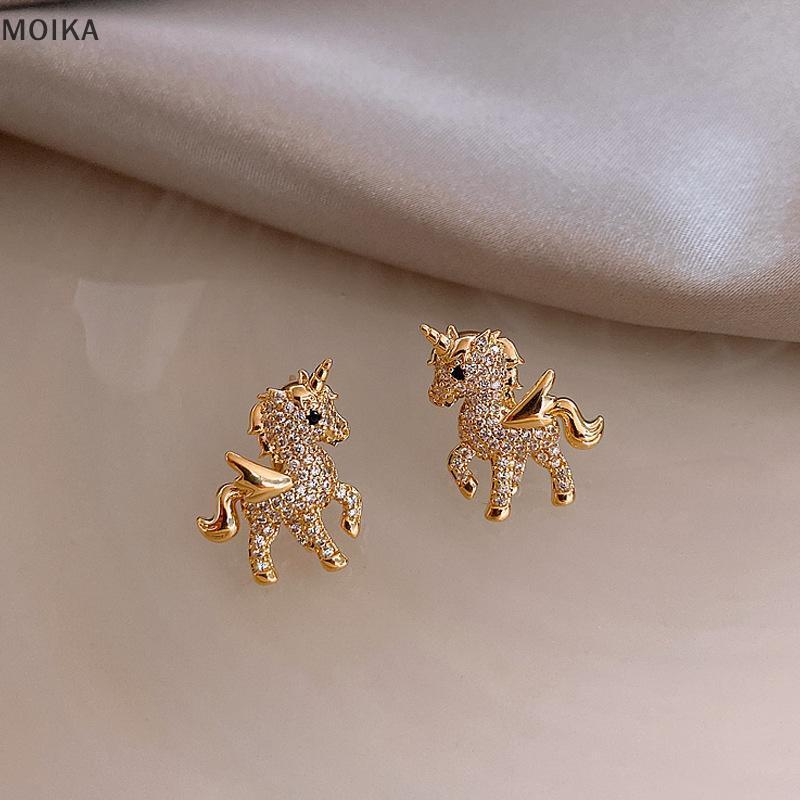 MOIKA Mới Dễ Thương Động Vật Bông Tai Dành Cho Nữ Tính Khí Ngựa Kim Cương Giả Tai Bé Gái Sinh Nhật Trang Sức VN