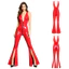 Nyeemya Nữ Bóng PU loe Áo liền quần Cổ Chữ V Sâu Không Lưng Dây Kéo Hai Đầu Chia Chuông Đáy Không Tay Unitard Rompers Câu Lạc Bộ Bodysuit