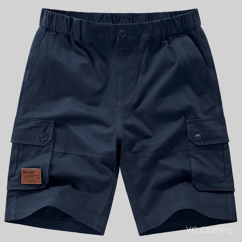 Quần short cotton nhiều túi mùa hè dành cho nam, quần dài vừa phải dáng rộng, quần short eo co giãn cỡ lớn 8EAO