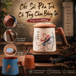 CỐC SỨ PHA TRÀ CÓ TAY CẦM GỖ 400ML – PHONG CÁCH TRÀ ĐẠO THANH TỊNH