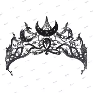 PYCOU Moon Tiara, Màu Đen Phong Cách Vintage Vương Miện Nữ Hoàng, Tóc Đậm Phụ Kiện Trang Sức Thanh Lịch Thiết Kế Sang Trọng Ngôi Sao Mũ Đội Đầu Nữ