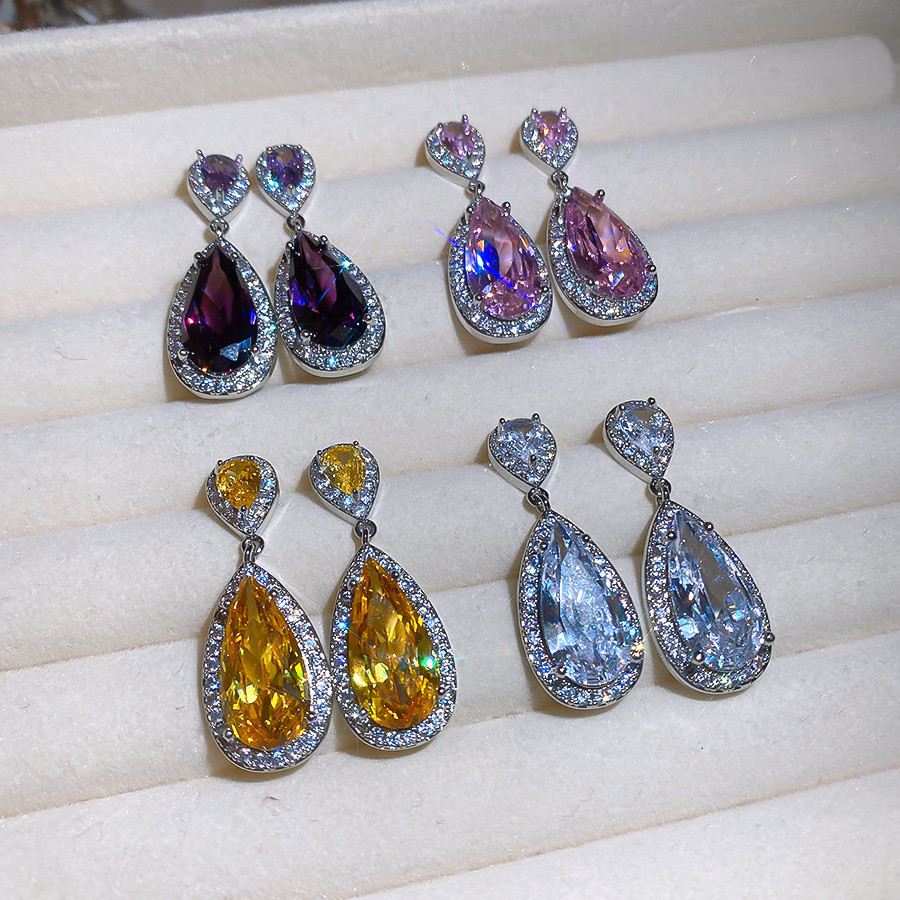 Bông tai thả CZ màu bạc, Bông tai Dangle hai tầng Halo Zircon đôi hai tầng, Trang sức tuyên bố nhiều màu dành cho nữ
