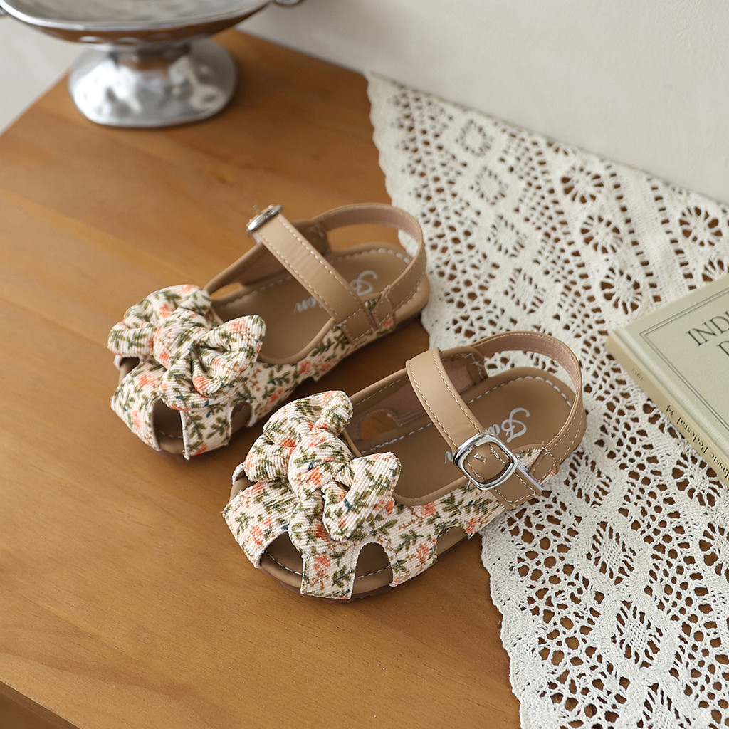 Bella Neman Giày sandal bé gái đầu búp bê hoa/leopard nơ, đế mềm êm chân, chống trượt mùa hè