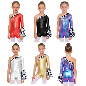 Nyeemya Trẻ Em Bé Gái 2 Chiếc Trang Phục Bò Cô Gái Phương Tây Tay Dài loe Viền Kim Loại Chắp Vá Leotard Đáy Đáy Bấm Nút Body Với Quần Short Eo Cao