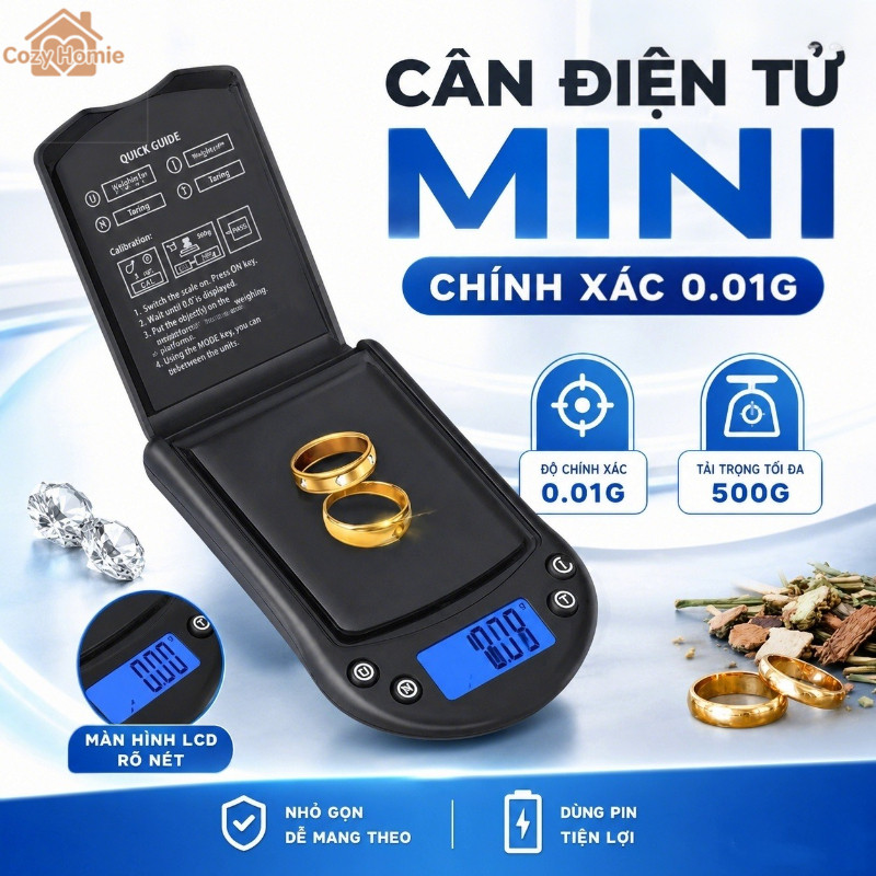 Cân điện tử mini độ chính xác 0.01g chịu tải 200g nhỏ gọn chống va đập tự tắt cân vàng bạc dược liệu