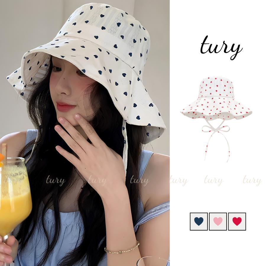Mũ Bucket Nữ - Tury - Nón Vải Rộng Vành Họa Tiết Trái Tim Có Buộc Dây - NV129